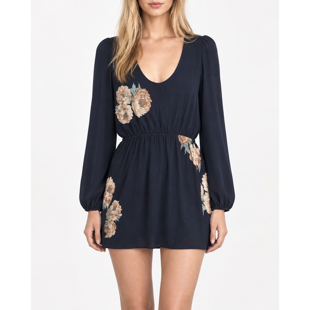 Stone Cold Fox Silk Floral Mini Dress Womens 1 XS Navy Blue Long Sleeve V-Neck